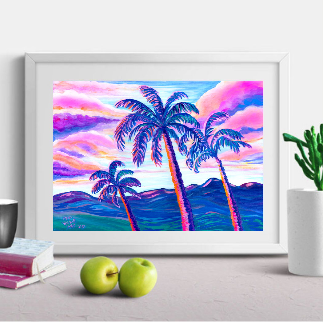 Colorful palm trees with desert mountains in the background, vibrant landscape art print.