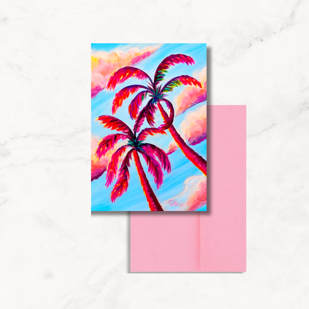 Colorful palm tree greeting card with bright pink palm trees, blue sky, and soft pink clouds painted in a bold, expressive style.