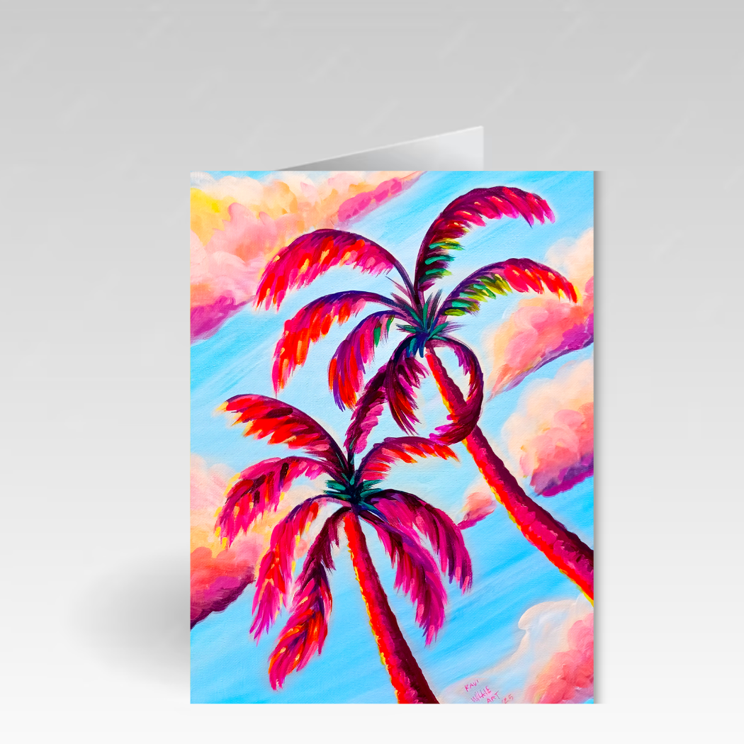 Colorful palm tree greeting card with bright pink palm trees, blue sky, and soft pink clouds painted in a bold, expressive style.
