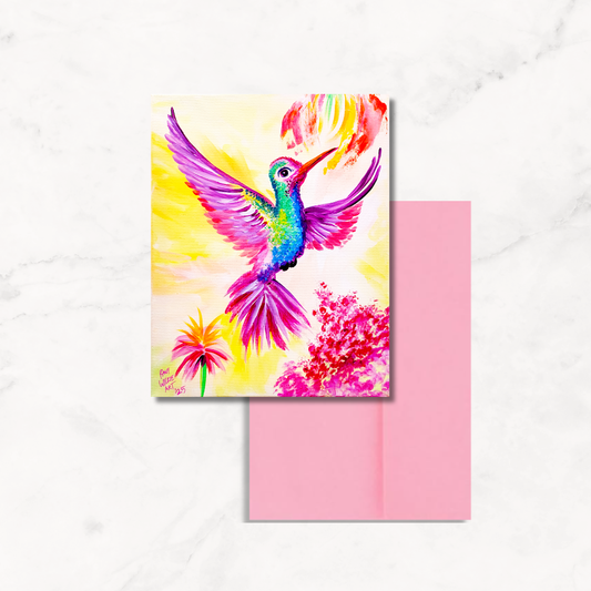 Colorful hummingbird surrounded by vibrant flowers in an expressive, painterly style.