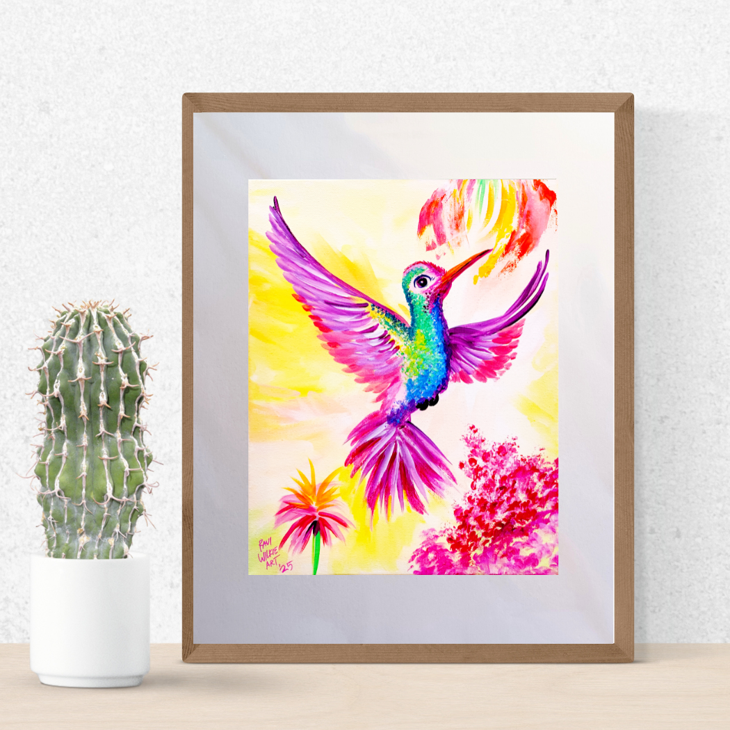 Colorful hummingbird surrounded by vibrant flowers in an expressive, painterly style.