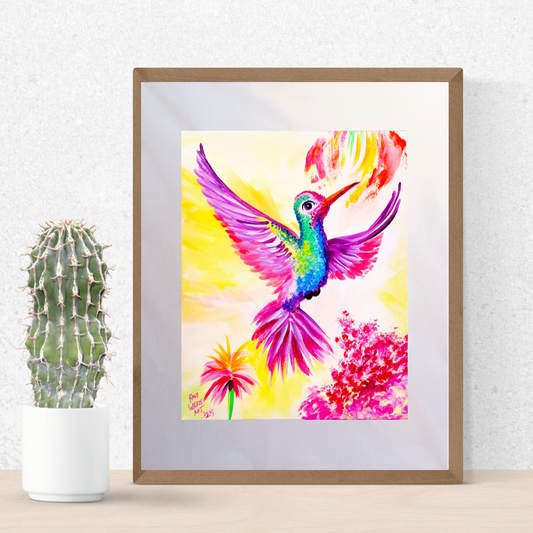 Colorful hummingbird surrounded by vibrant flowers in an expressive, painterly style.