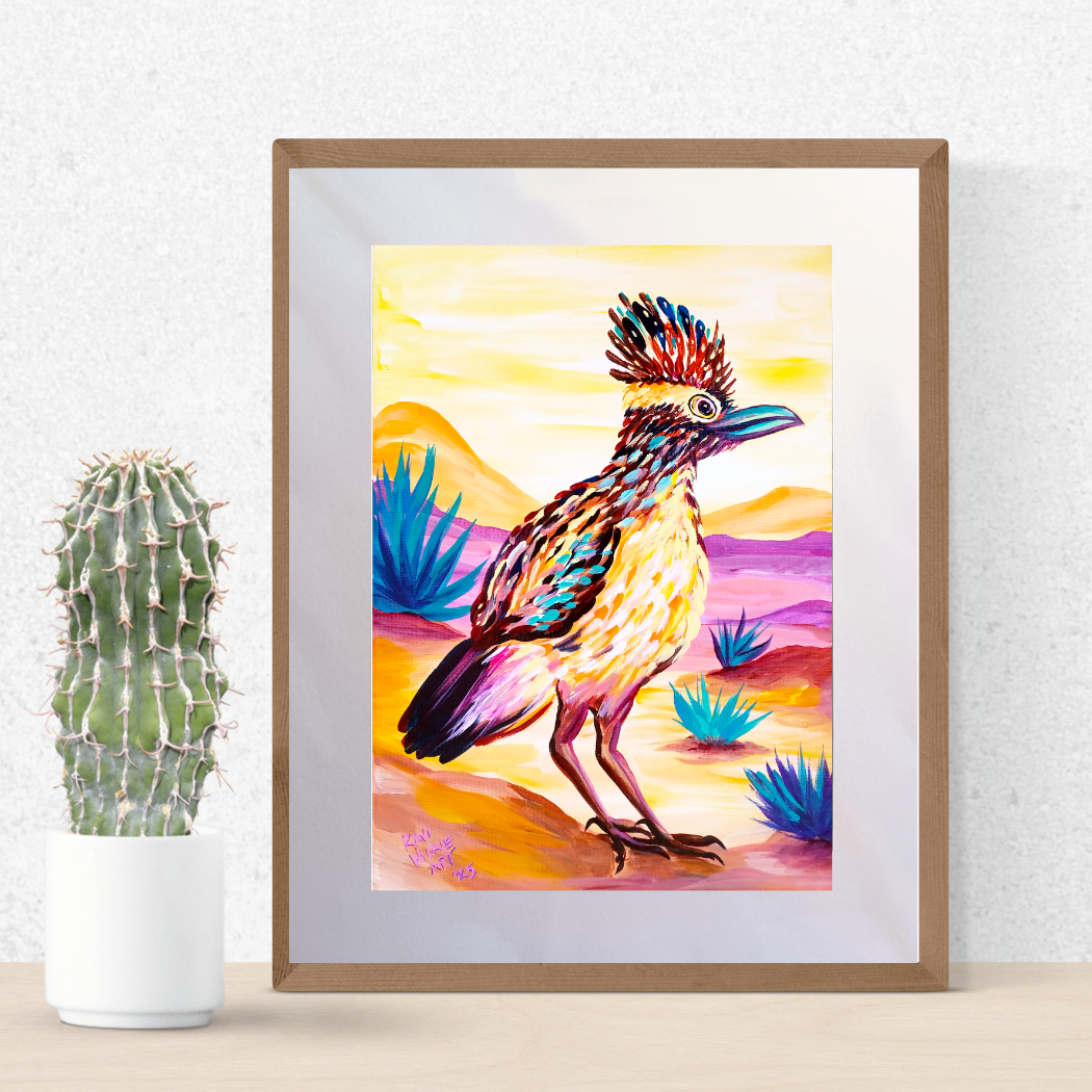 Colorful roadrunner standing in the desert, painted in an expressive, Van Gogh–inspired style with bold brushstrokes.