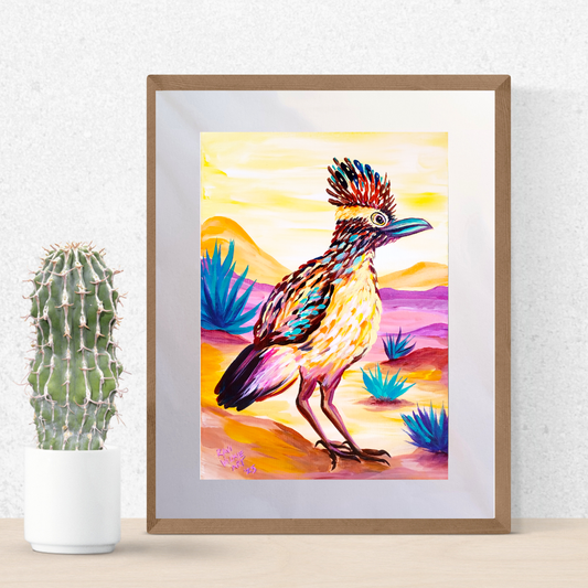 Colorful roadrunner standing in the desert, painted in an expressive, Van Gogh–inspired style with bold brushstrokes.