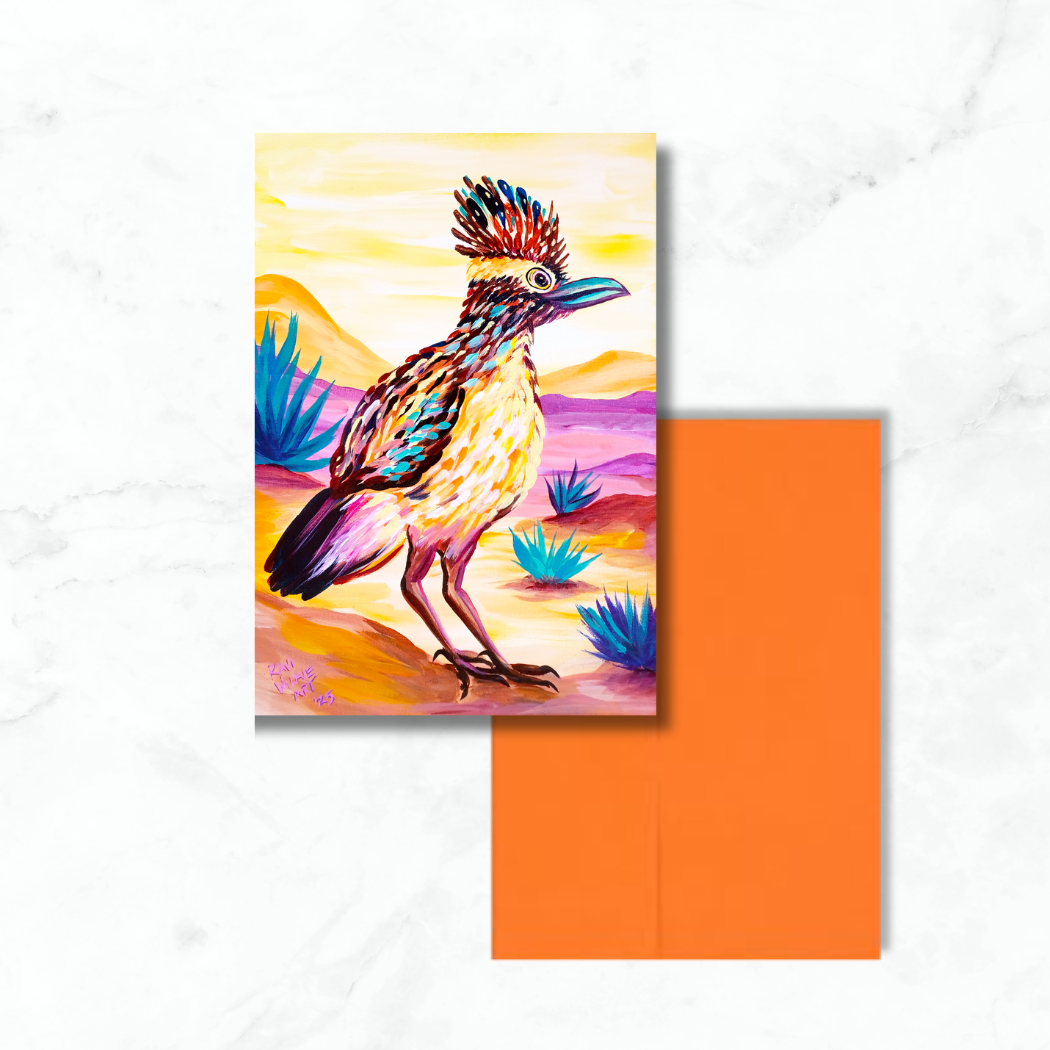 Colorful roadrunner standing in the desert, painted in an expressive, Van Gogh–inspired style with bold brushstrokes.